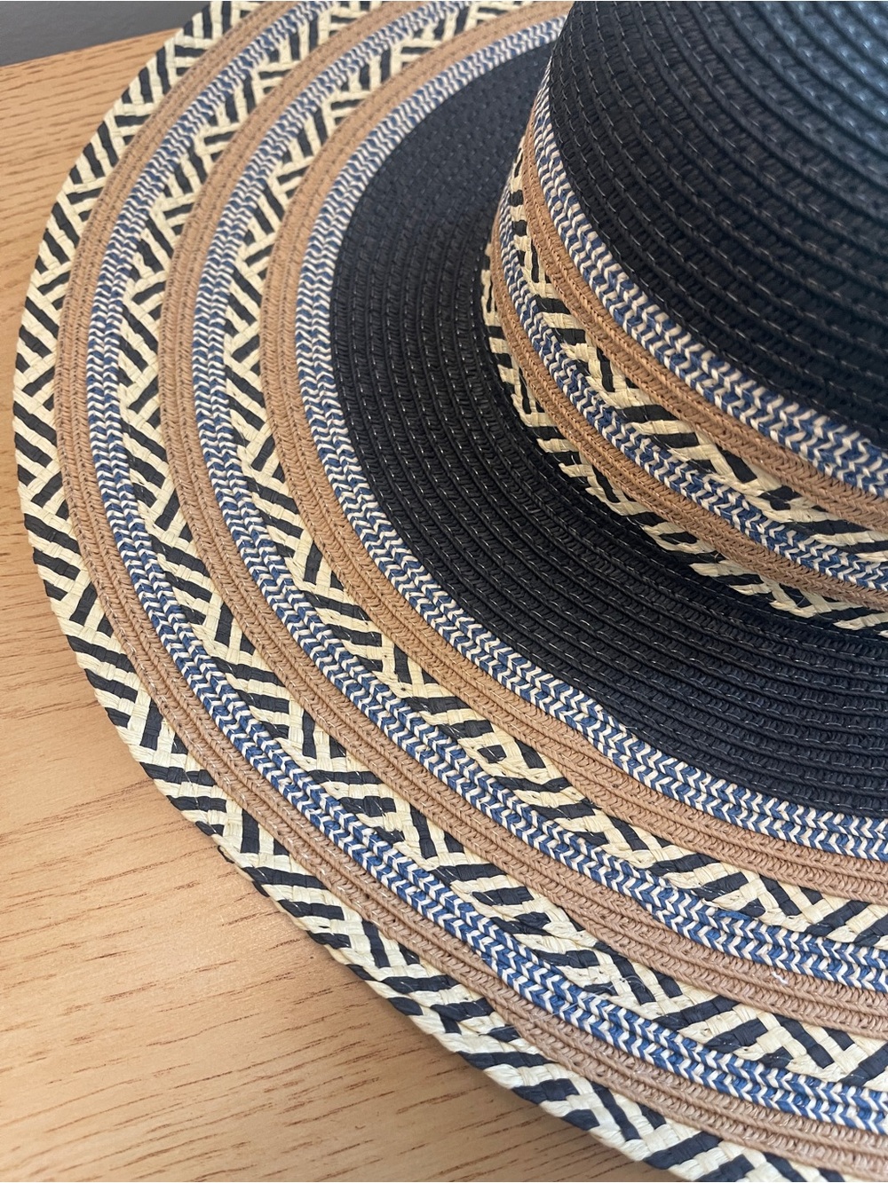 Straw Sun Hat - Black, Navy and Tan Design
